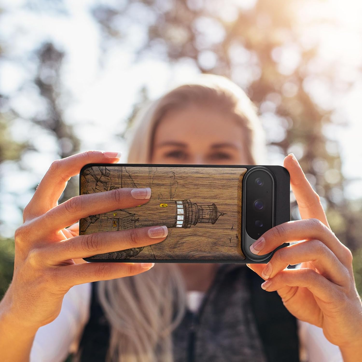 Carveit Magnetic Wooden Case for Google Pixel 9 Pro XL Case, Wood Artisan Engraved & Handmade Shell Inlaid, Compatible with MagSafe Wireless Chargers, A Flashing Lighthouse - Walnut