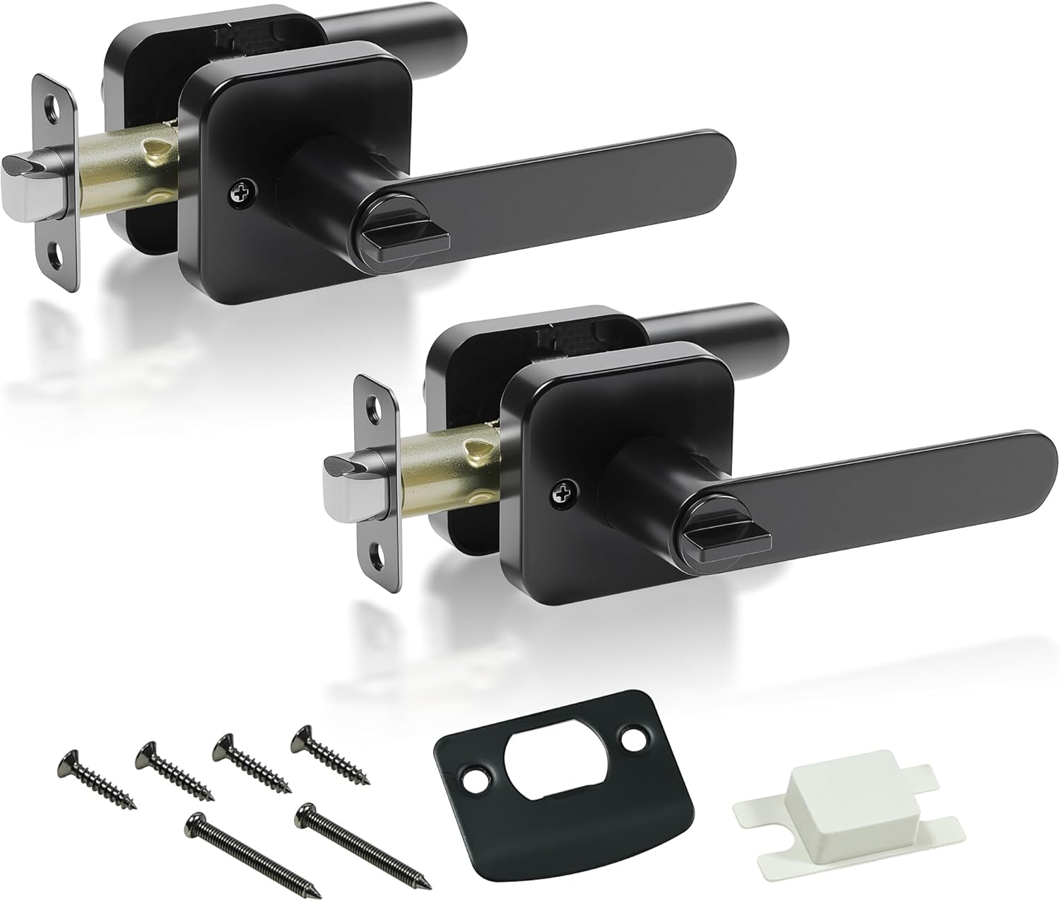 Black Interior Privacy Door Levers, 2 Pack Privacy Door Handle Set Moden Square Base Door Lock for Bedroom, Reversible Keyless Turn Lock Round Corner Door Handles fit Left or Right Sided Door