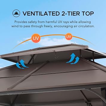 Sunjoy Hardtop Gazebo 10 x 12 ft. Outdoor Heavy Duty Steel Frame, Double Tiered Metal Gazebo with Ceiling Hook and Mesh Netting, Brown