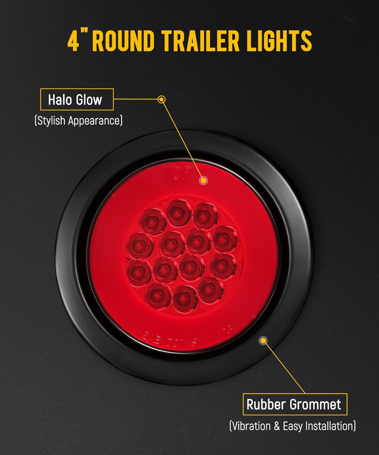 Partsam 4Pcs 4 Inch Round 32 LED Trailer Tail Lights Red with Halo Glow Stop Turn Tail Running Light Lamps Rubber Grommet 3-Prong Wire Pigtails Included, 12-24V, IP67 Waterproof