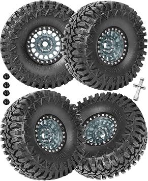 RcarmumbWow RC 1.9in Beadlock Wheels and Tires for 1/10 TRX4,Axia1 SCX10 II 90046 SCX10 III,D90 RC Crawler Car,Alloy 1.9in rc Beadlock Rims,Soft Rubber 1.9in rc Beadlock Tires,4pcs,Titanium