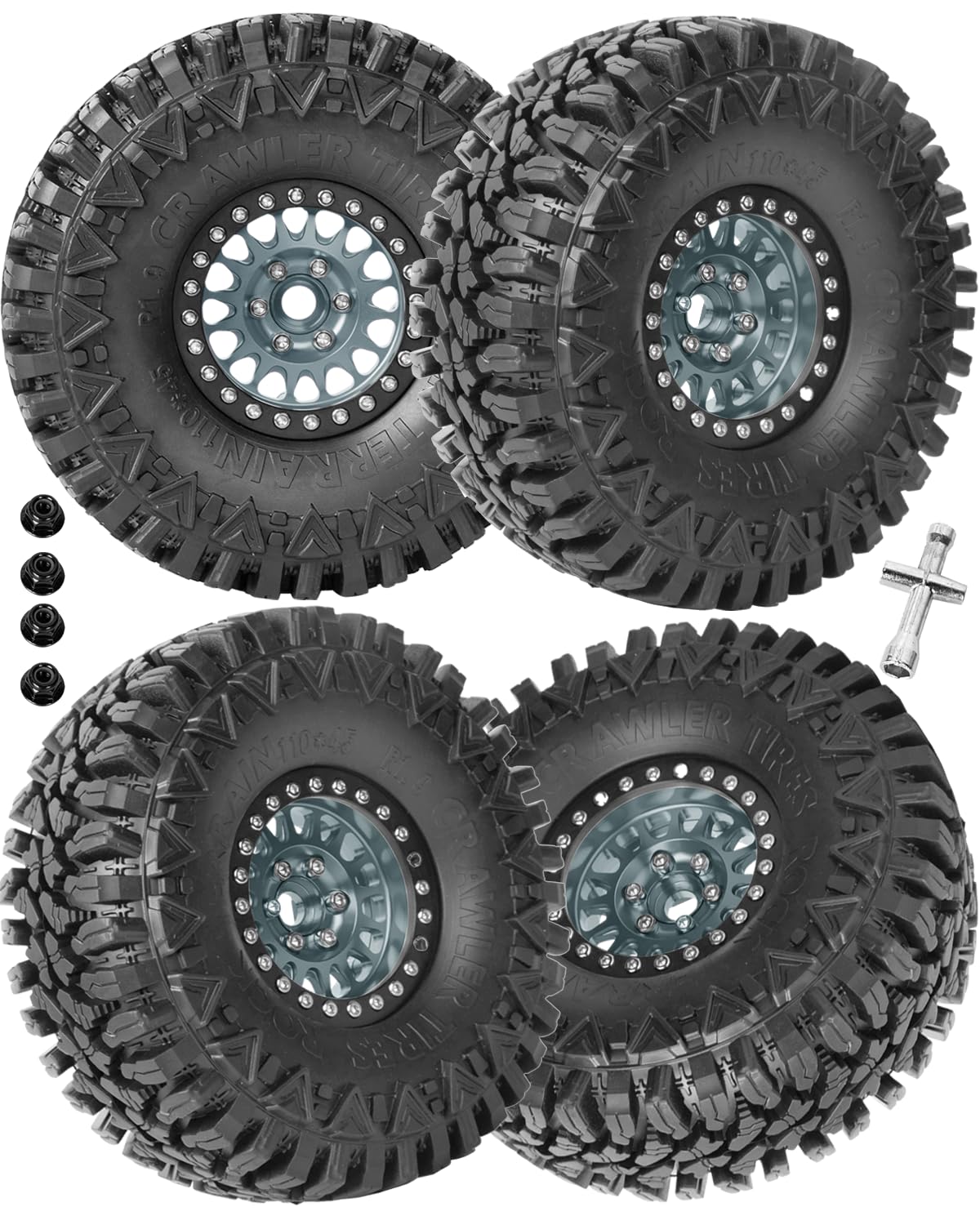 RcarmumbWow RC 1.9in Beadlock Wheels and Tires for 1/10 TRX4,Axia1 SCX10 II 90046 SCX10 III,D90 RC Crawler Car,Alloy 1.9in rc Beadlock Rims,Soft Rubber 1.9in rc Beadlock Tires,4pcs,Titanium