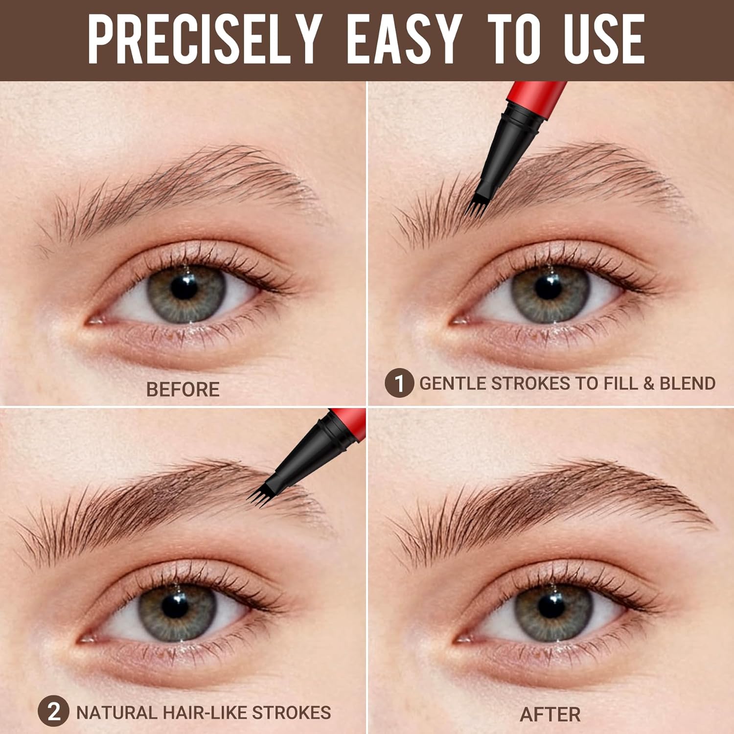 Eyebrow Pencils for Women - Eyebrow Pen 2 Pack, Precise 4-Tip Brow Pencil for Natural-Looking Fuller Brows, Hair-Like Strokes for All Brow Types, Last All-Day Brow Pen, Light Brown - Image 7