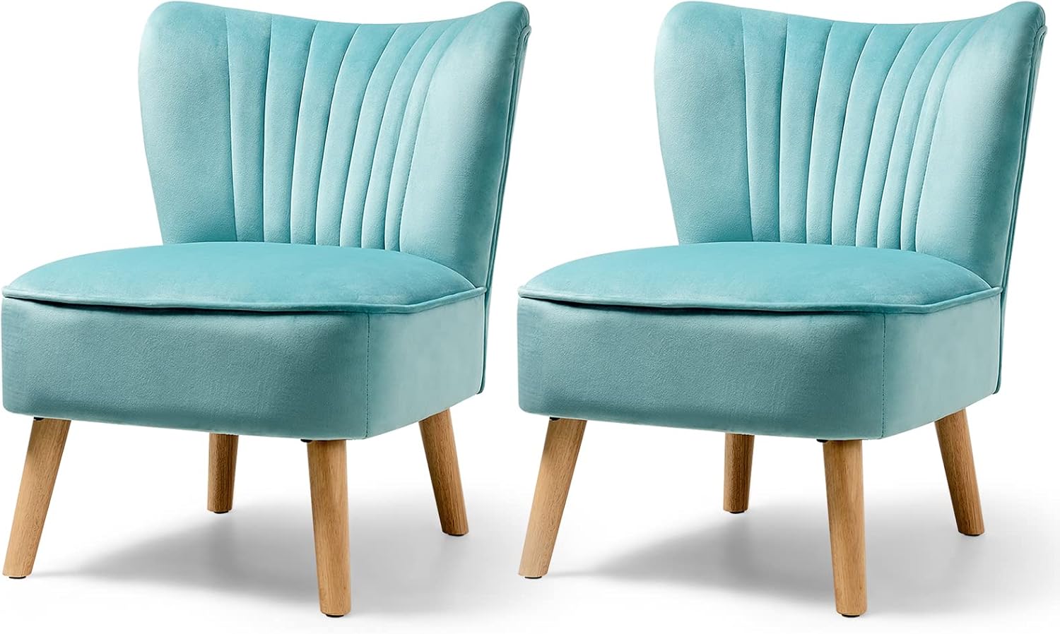 KOTEK Velvet Accent Chairs Set of 2, Modern Armless Accent Chair w/Solid Rubber Wood Legs, Upholstered Side Chair Club Sofa Chair Slipper Chair for Living Room Bedroom (Turquoise)