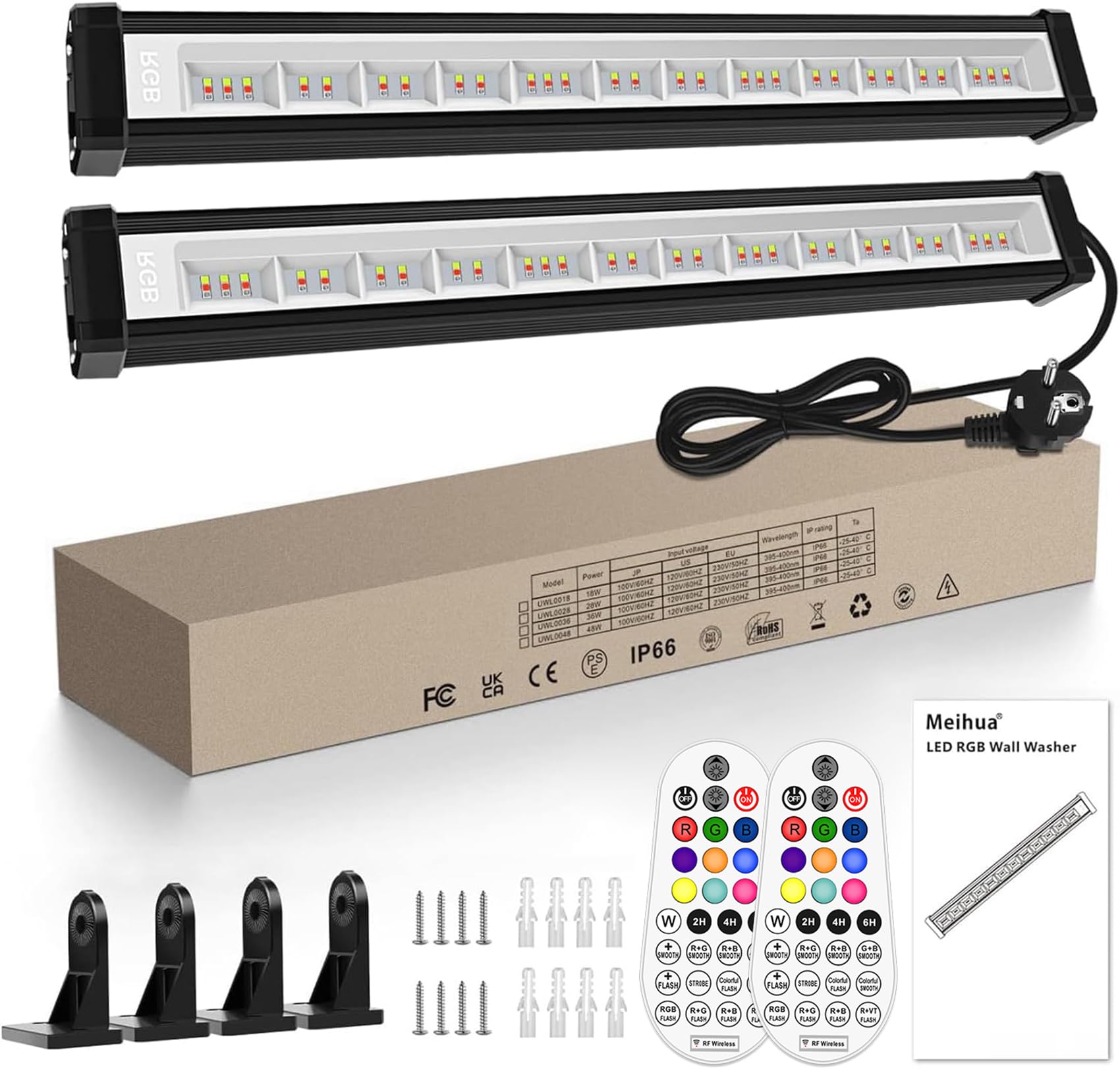 MEIHUA 42W RGB Strahler Außen 10 Farben 6 Helligkeit 30 Dynamische Modi | IP66 Wasserdicht Wallwasher LED Bar Lichteffekte Mit Fernbedienung Partylicht Für Bühnenlichter Weihnachten Halloween 2 Pack