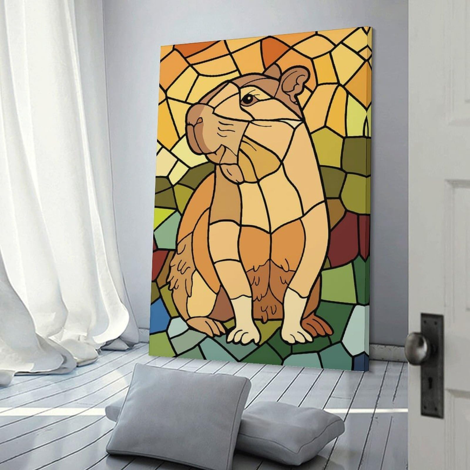 Junmoney Stained Glass Capybara Canvas Wall Decor 24x36inch(60x90cm), for Workspace Walls, Study Corners Or Bedrooms, Decorative Artwork for Productive Spaces