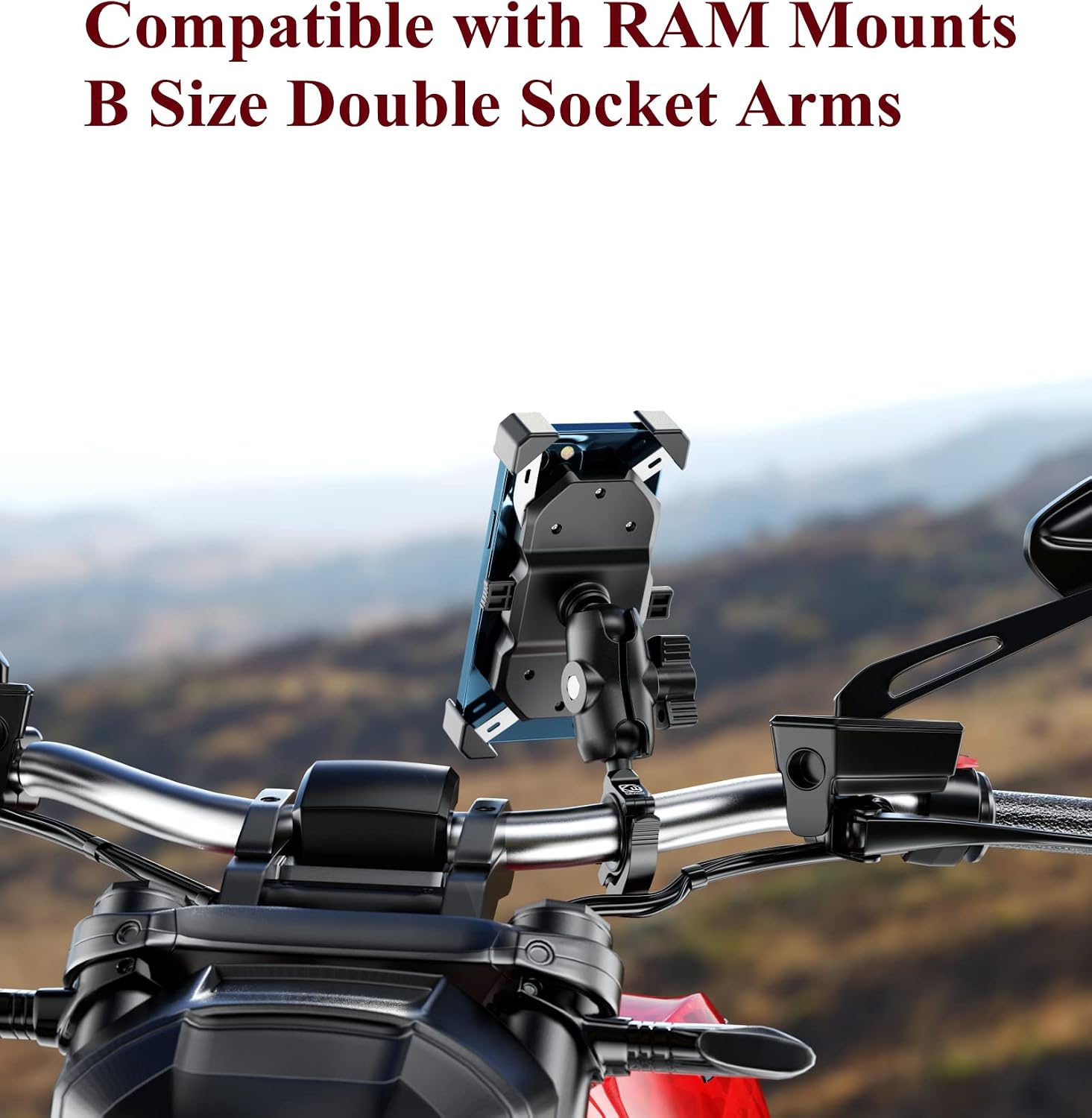 BRCOVAN Handlebar Clamp Mount with 1'' TPU Ball Compatible with RAM Mounts Double Socket Arm Fit Rail 0.5'' 0.87'' 1'' 1.26'' Tool-Free Installation, Aluminum Material, CNC Processing (Black)