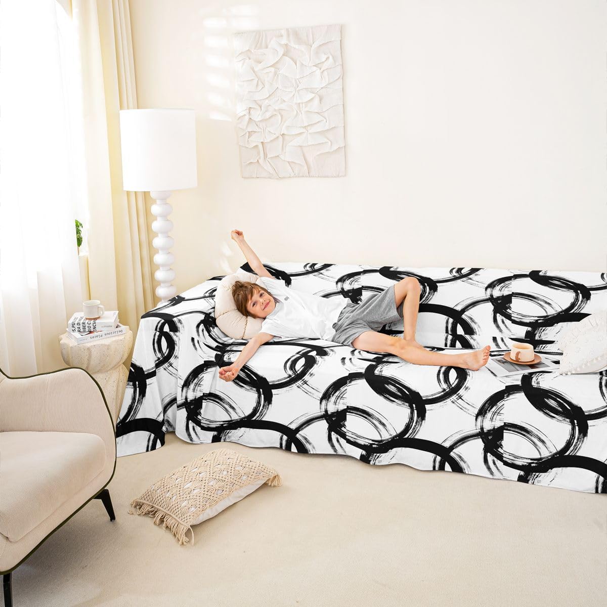 Erosebridal Black and White Couch Cover Abstract Line Minimalist Ink Painting Sofa Slipcover for Couches and Sofas Graffiti Art Modern Geometric Couch Protector Boho Cool Unique Sofa Cover 71" x 102"