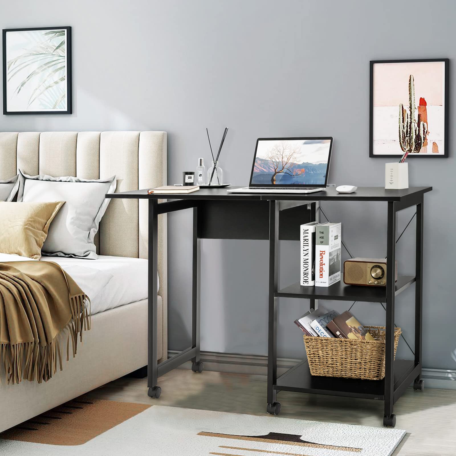 GIANTEX Bureau Pliable Intérieur à 3 Niveaux, Table Ordinateur Portable avec 2 Étagères de Rangement et 6 roulettes Universelles 3 Verrouillables, Table de Travail Compact et Peu Encombrant (Noir