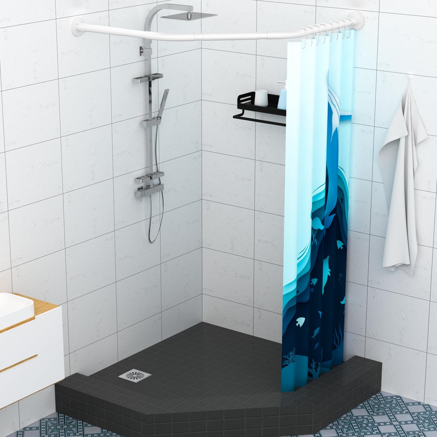 Corner Shower Curtain Rod Adjustable Stainless Steel Diamond Shaped Rack Drill Free Install for Bathroom, Bathtub, Clothing Store (Diamond Shaped White, Both Sides: 17"-25.6",Middle:20"-26)