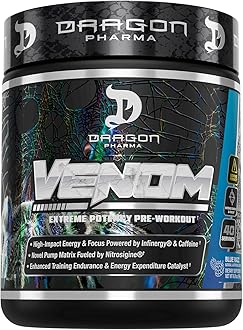 Venom Extreme Potency Pre-Workout, Laser Sharp Focus + Energy, Intense Performance, Proven Ingredients for Enhanced Vasodilation & Endurance (40 Servings, Blue Raspberry)