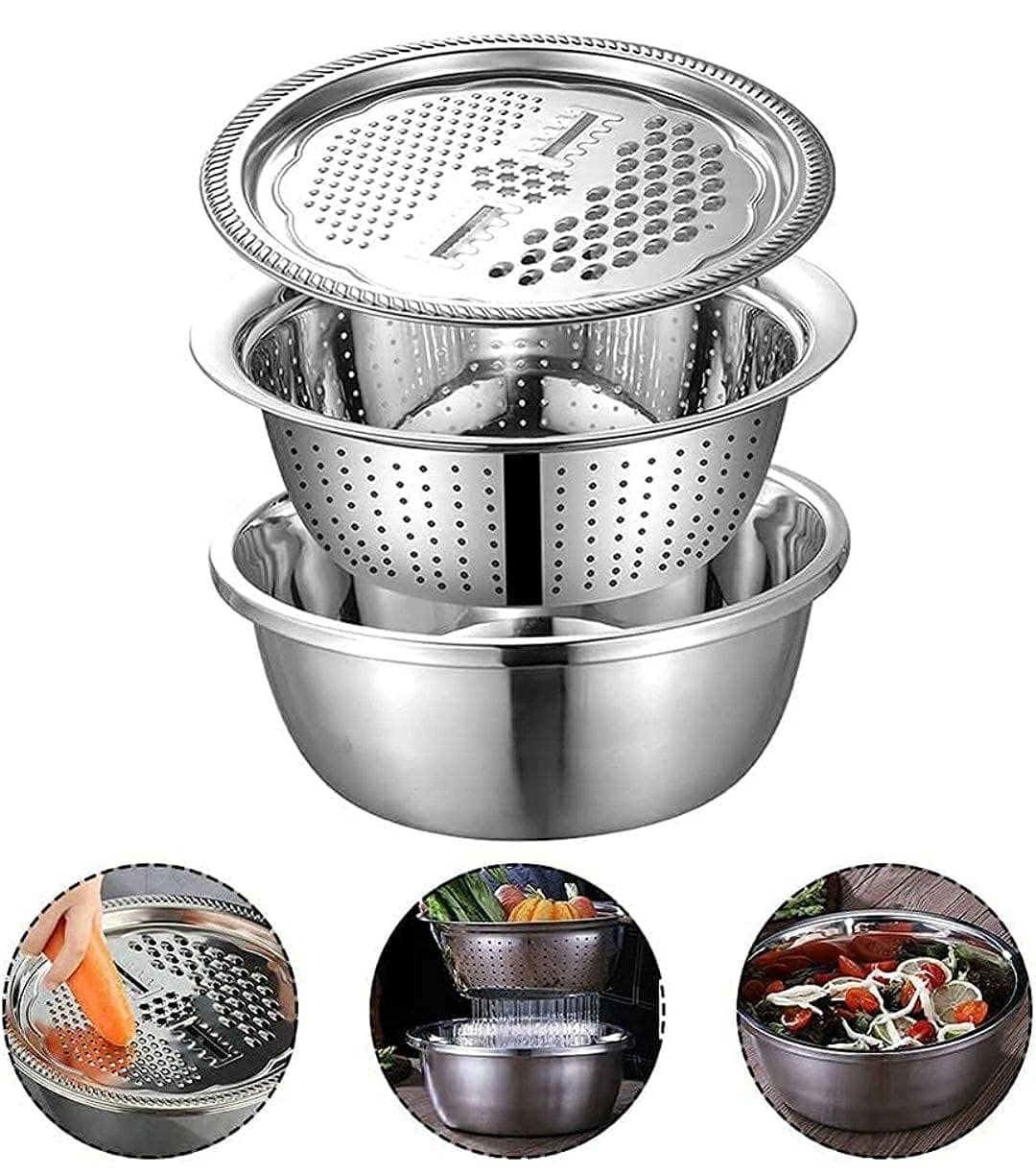yajk 3 in 1 Stainless Steel Bowl us for Vegetable Cutter ,Vegetable/Fruit Grater Stainless Steel Kitchen Mesh Strainers Salad Cutter Bowel, Silver, standard
