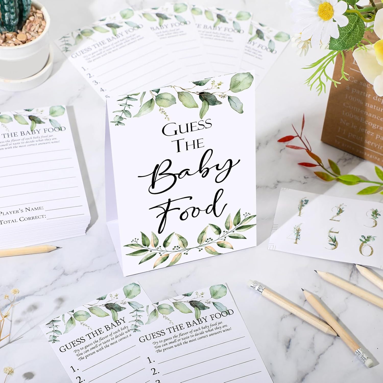 67 Pcs Guess the Baby Food Game Greenery Baby Shower Games Set 1 Standing Sign 50 Answer Cards 10 Pencils 6 Number Stickers for Gender Reveal Party Decoration Supplies