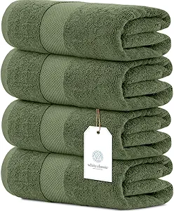 White Classic Luxury 4-Piece Large Bathroom Towel Set - 700 GSM Cotton Ultra Soft Towels 27x54 | High Absorbency & Quick Dry | Hotel Plush Dark Green Towels