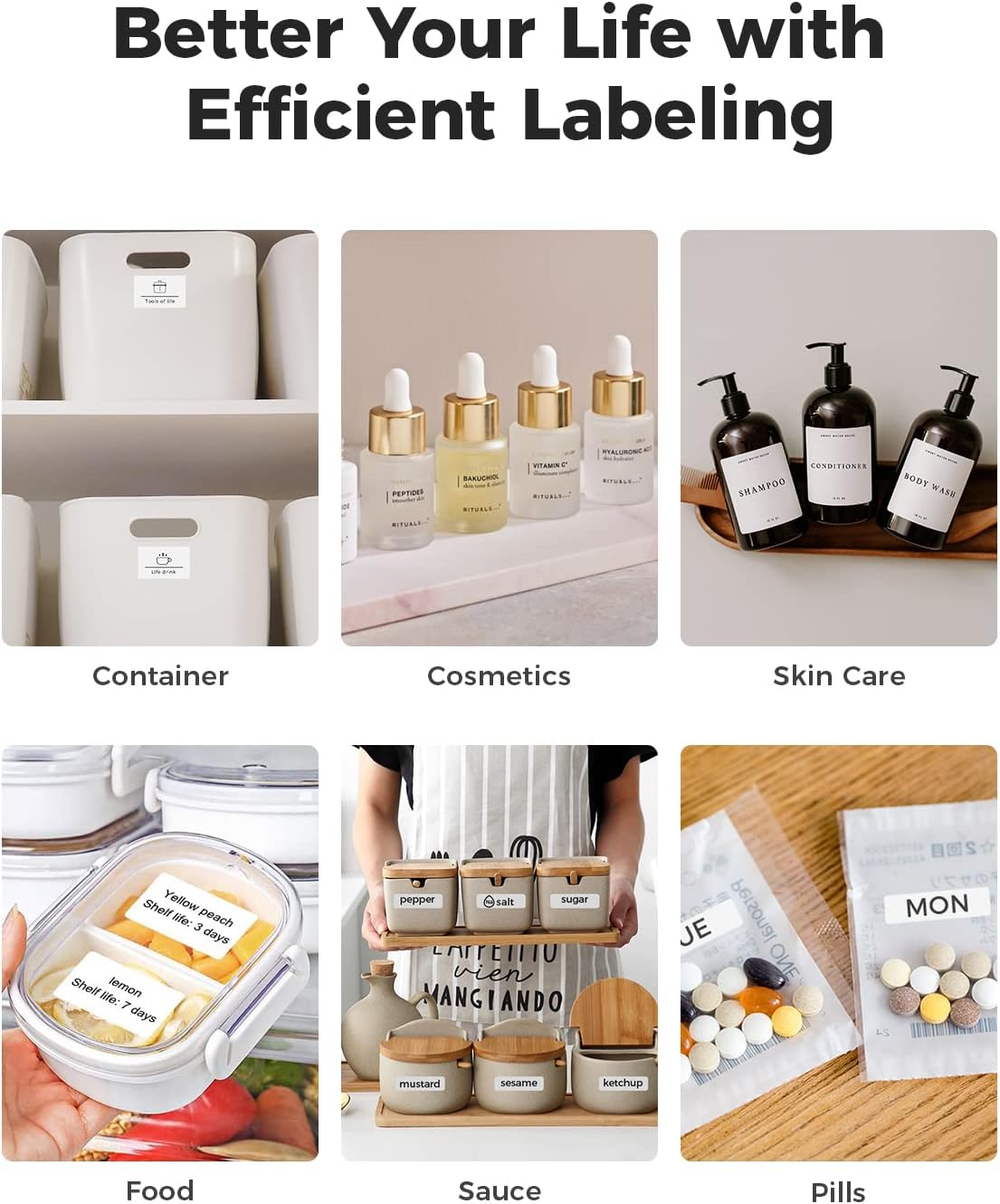 Examples of home labeling with Paperang LP15: containers, cosmetics, skin care, food, sauce, pills