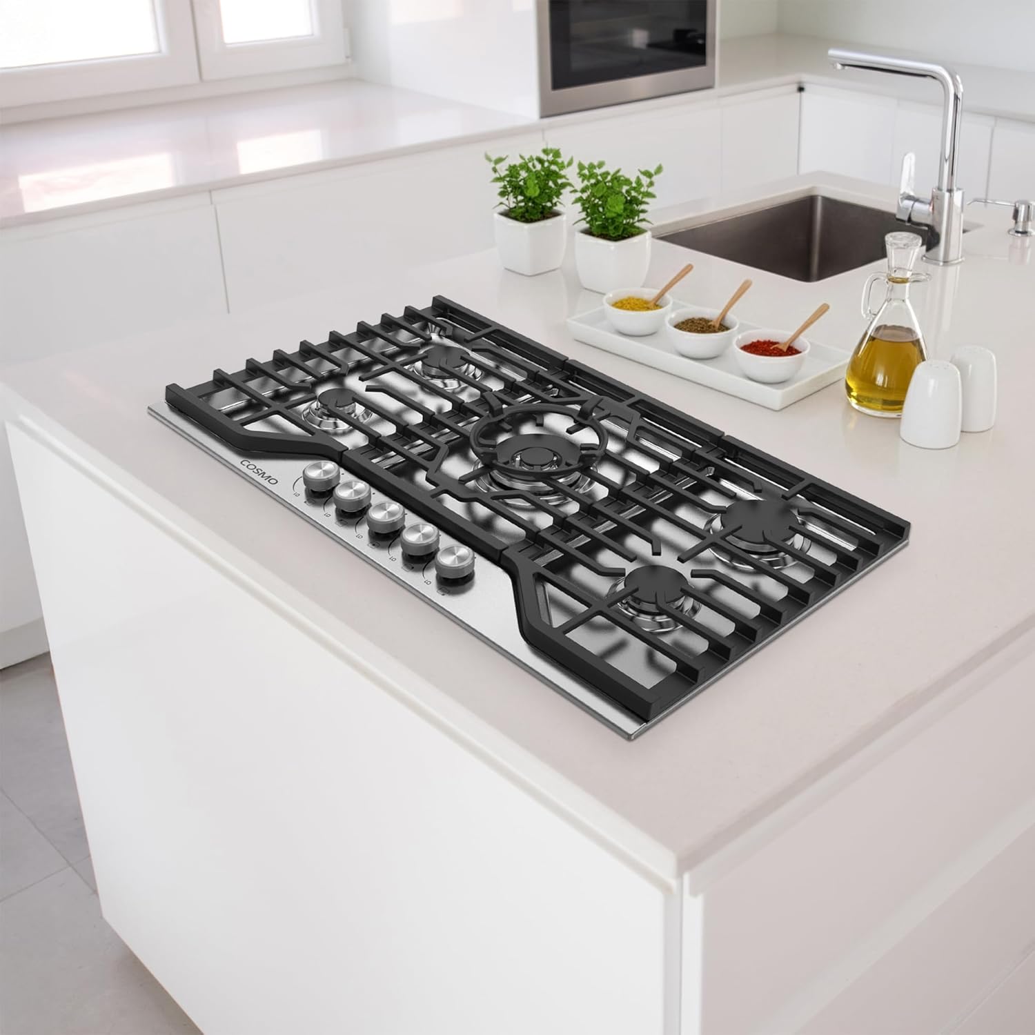 COSMO COS-CTGV365SS 36 in. Vista Collection Drop-in Gas Cooktop with 5 Burners, Metal Knobs, Cast Iron Grates in Stainless Steel