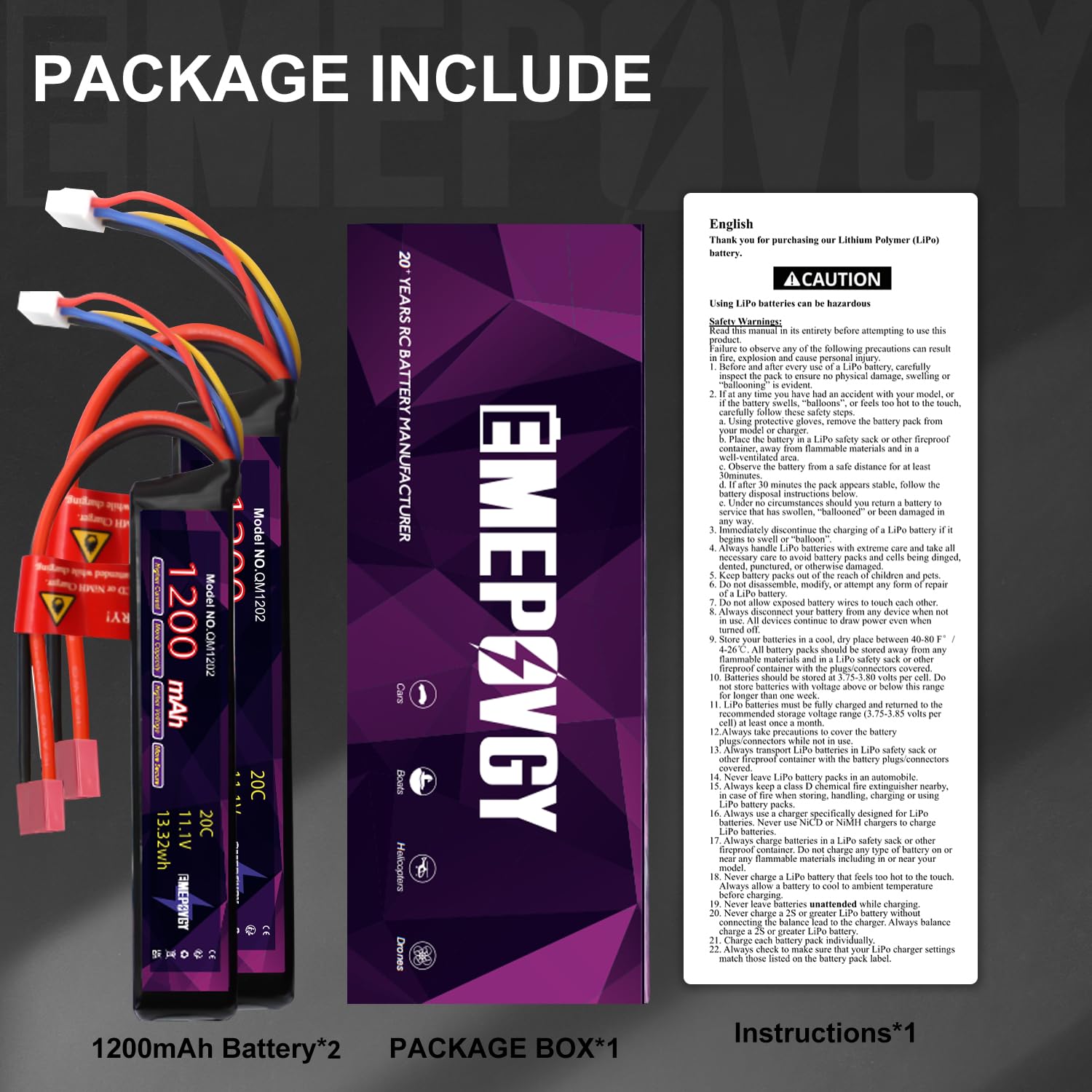 3S Lipo Airsoft Battery 2096 - Batteria ricaricabile ai polimeri di litio da 11,1 V, 1200 mAh, 20C, con spina a T, per fucili da softair - 2096