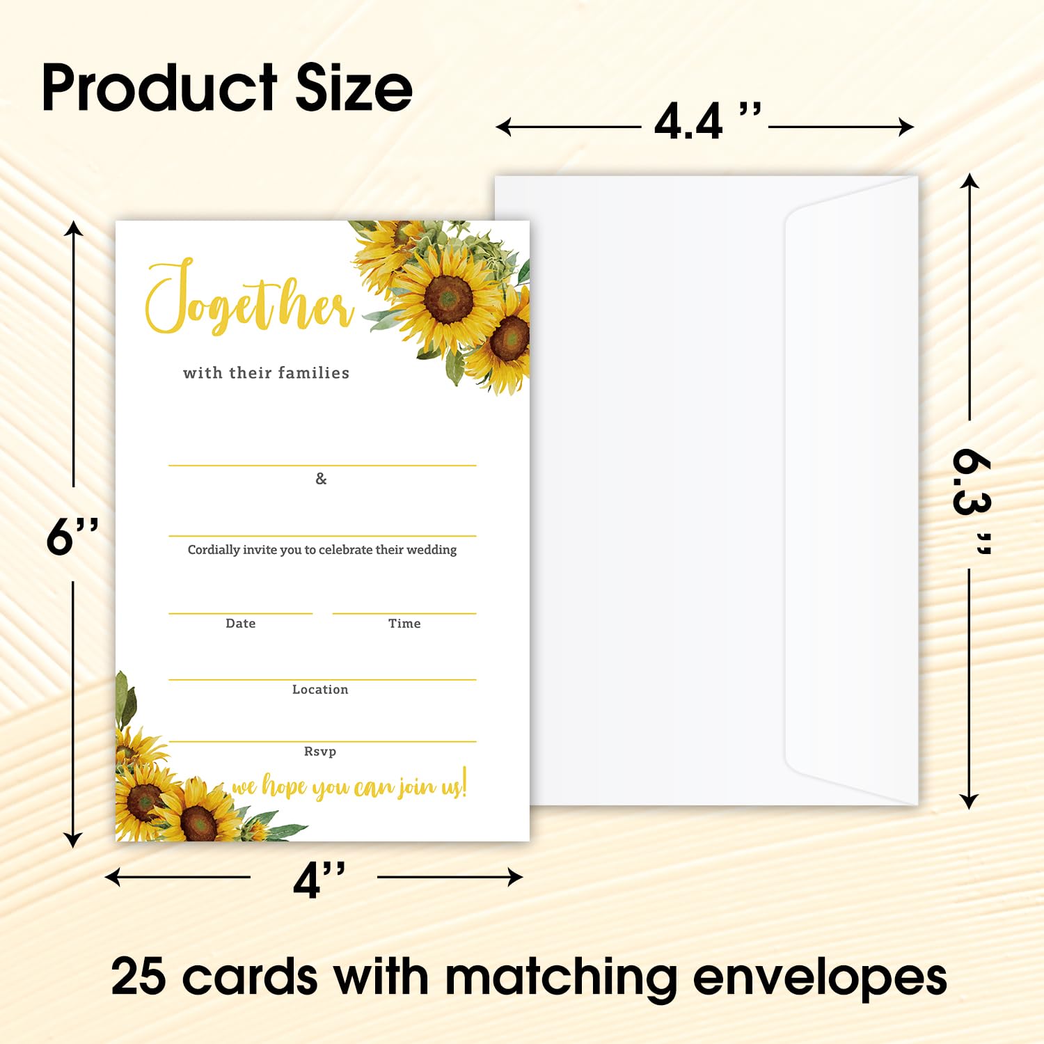 WwongxianB Set of 25 Wedding Sunflower Invitations with Envelopes, Modern Invites for Bridal Shower, Wedding Shower Reception, Evening Invitations, Fill in Style Invites Cards -008