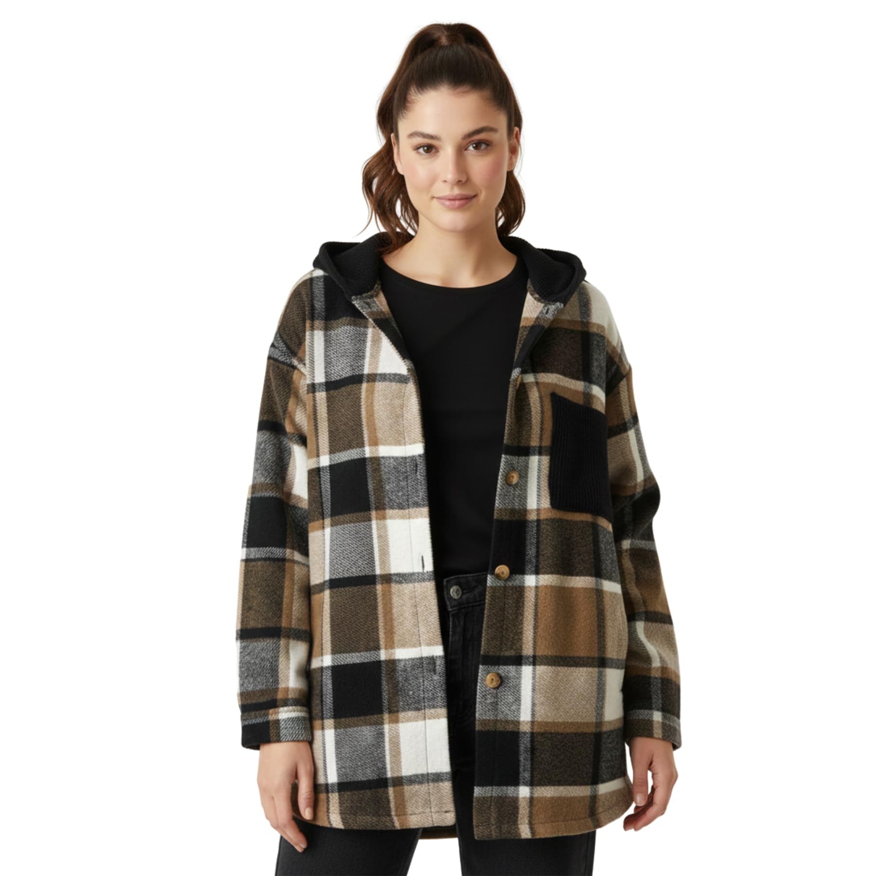 Hamishkane® Italian Long Sleeves Ladies Hoodies, Button Down Check Print Women's Jackets with Front Pocket, Polyester Winter Warm Fall Jackets for Casual & Daily Wear Womens Tops UK 8-20