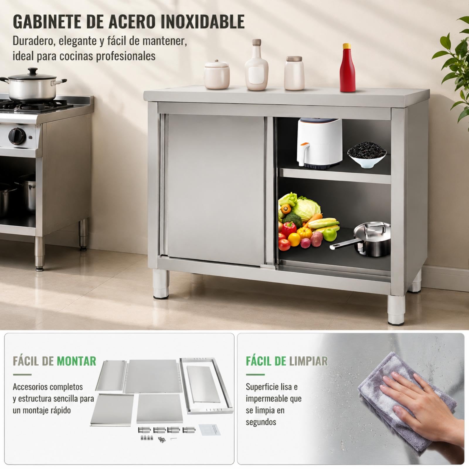 Mesa de trabajo con puertas correderas, mesa de trabajo de cocina de acero inoxidable, 100 x 50 x 86 cm, almacenamiento de altura ajustable de 5 a 20 cm, armario gastro de acero inoxidable