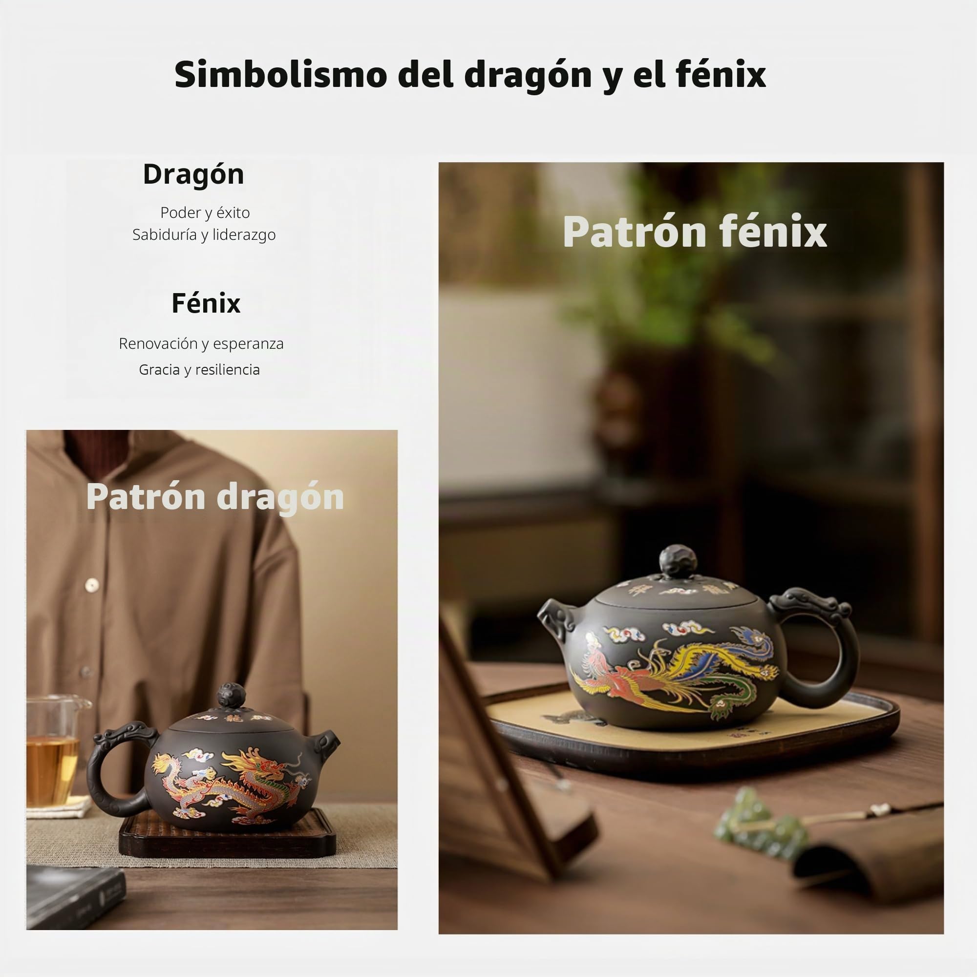 Juego de Tetera Yixing Zisha 450ML, Grande Tetera China de Arcilla con Caja de Regalo, Servicio de Té Que Cambia de Color Kung Fu con 2 Tazas, Dragón y Fénix