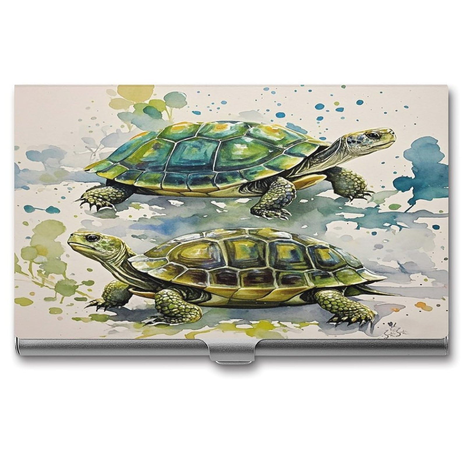 FekiLoot Two Turtles Watercolor Splash Business Card Holder Aluminum Alloy Business Card Case Convenient to Carry Business Card Dispenser for Men Women