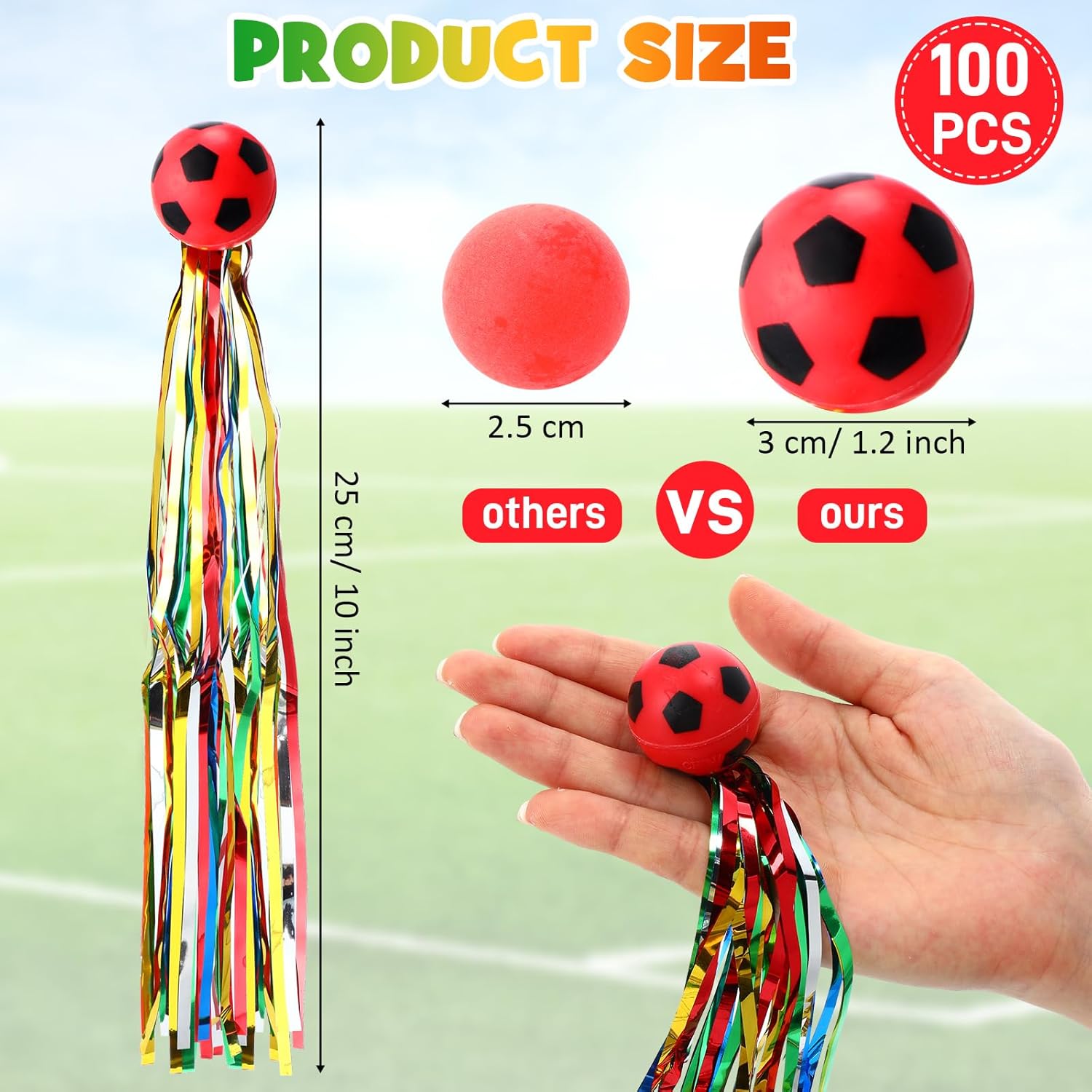 100 Pcs Soccer Comet Balls Bouncy Balls with Colorful Streamers 30 mm Sport Rubber Bounce Ball Bulk for Soccer Party Favor Goodie Bag Stuffers Prize Birthday Gift