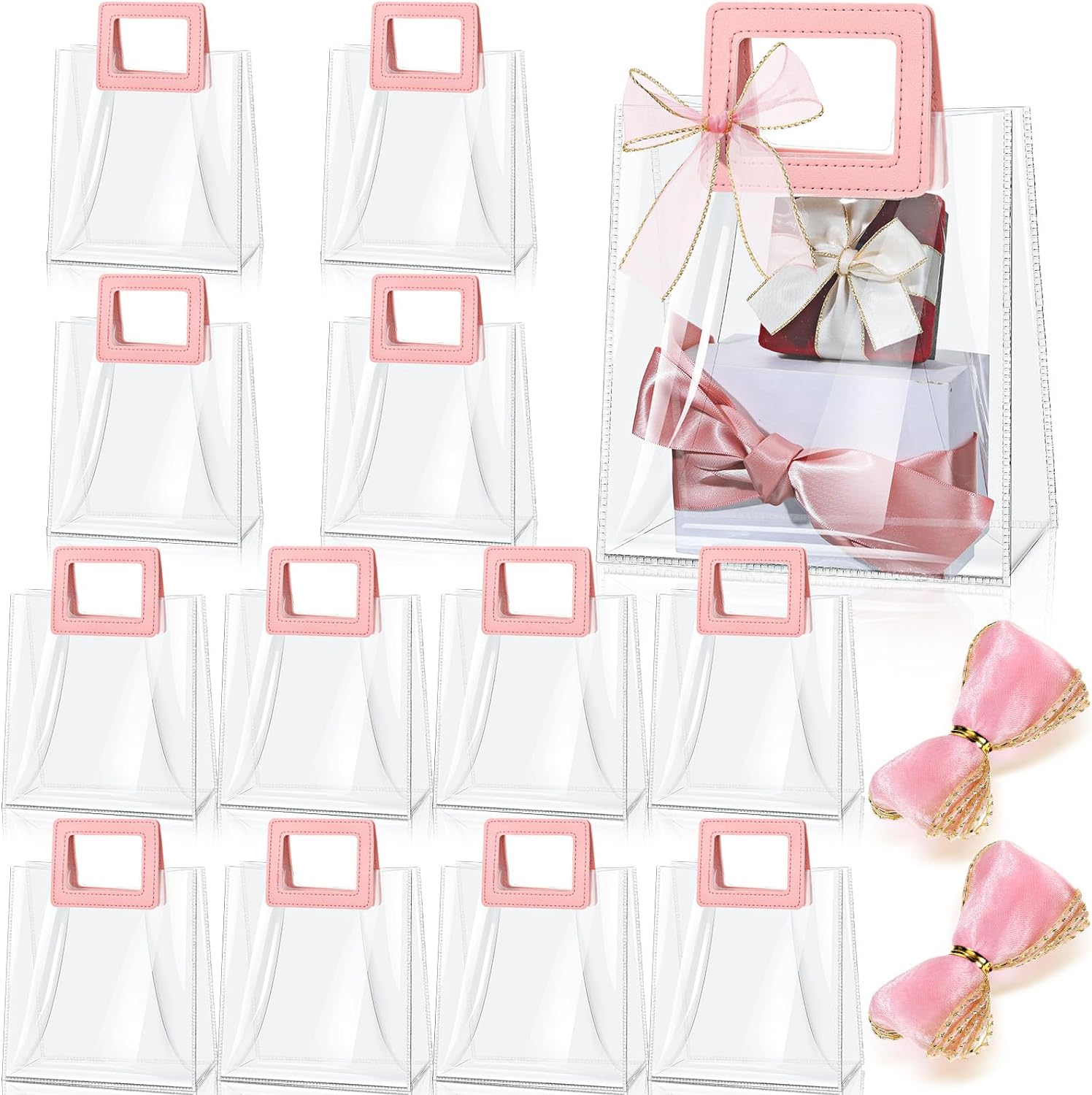 Fulmoon 12 Pcs Clear Gift Bag with Handle and Sheer Ribbon