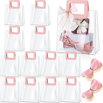 Fulmoon 12 Pcs Clear Gift Bag with Handle and Sheer Ribbon Reusable Transparent PVC Gift Bag for Bridal Party, Baby Shower, Wedding, Birthday, 7 x 4 x 8 InchPink