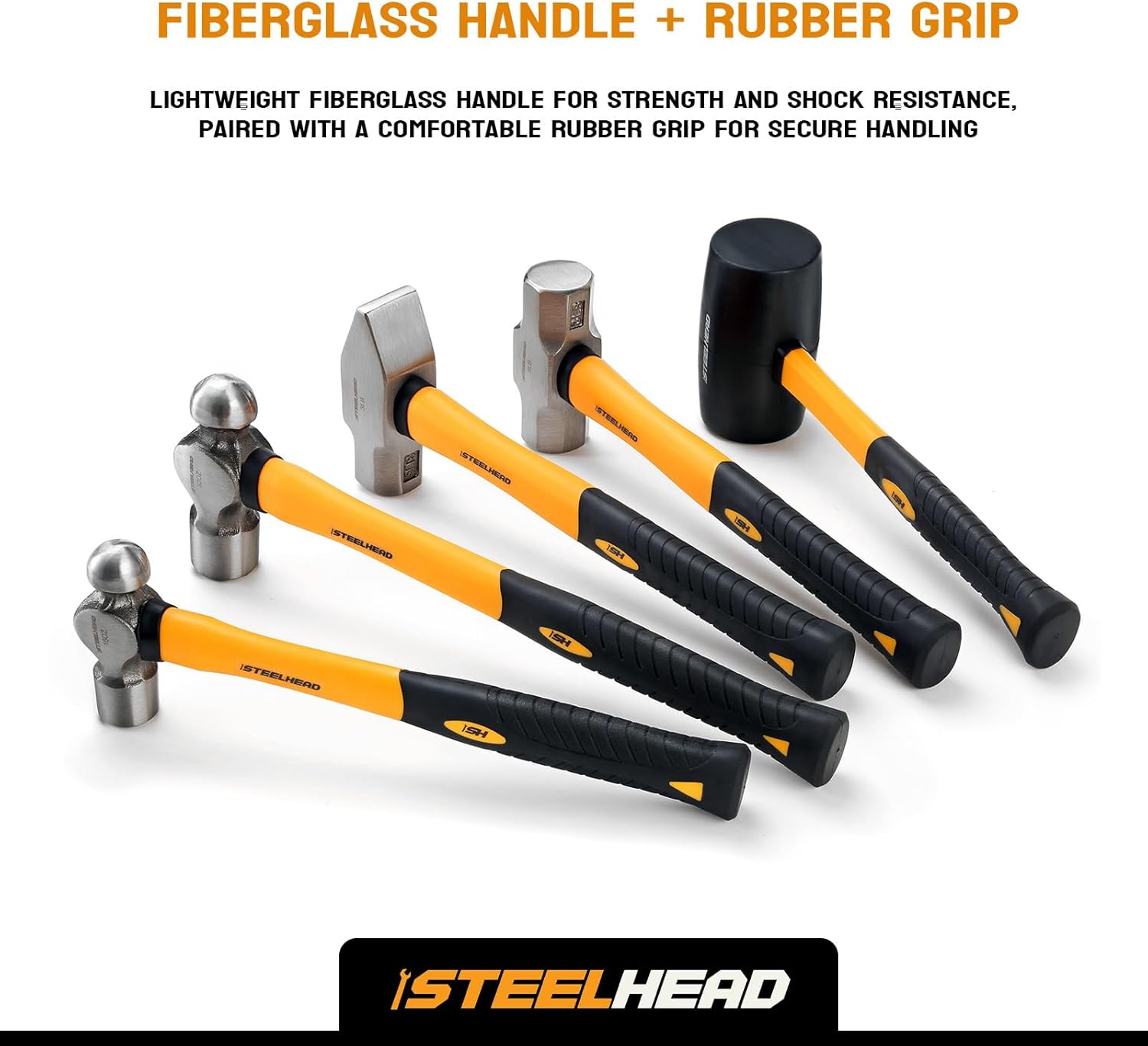 STEELHEAD 5-Piece Fiberglass Handle Hammer & Mallet Set - 16oz Ball-Peen, 32oz Ball-Pein, 32oz Rubber Mallet, 3lb Sledge, 3lb Cross-Pain - Metal Working, USA-Based Support