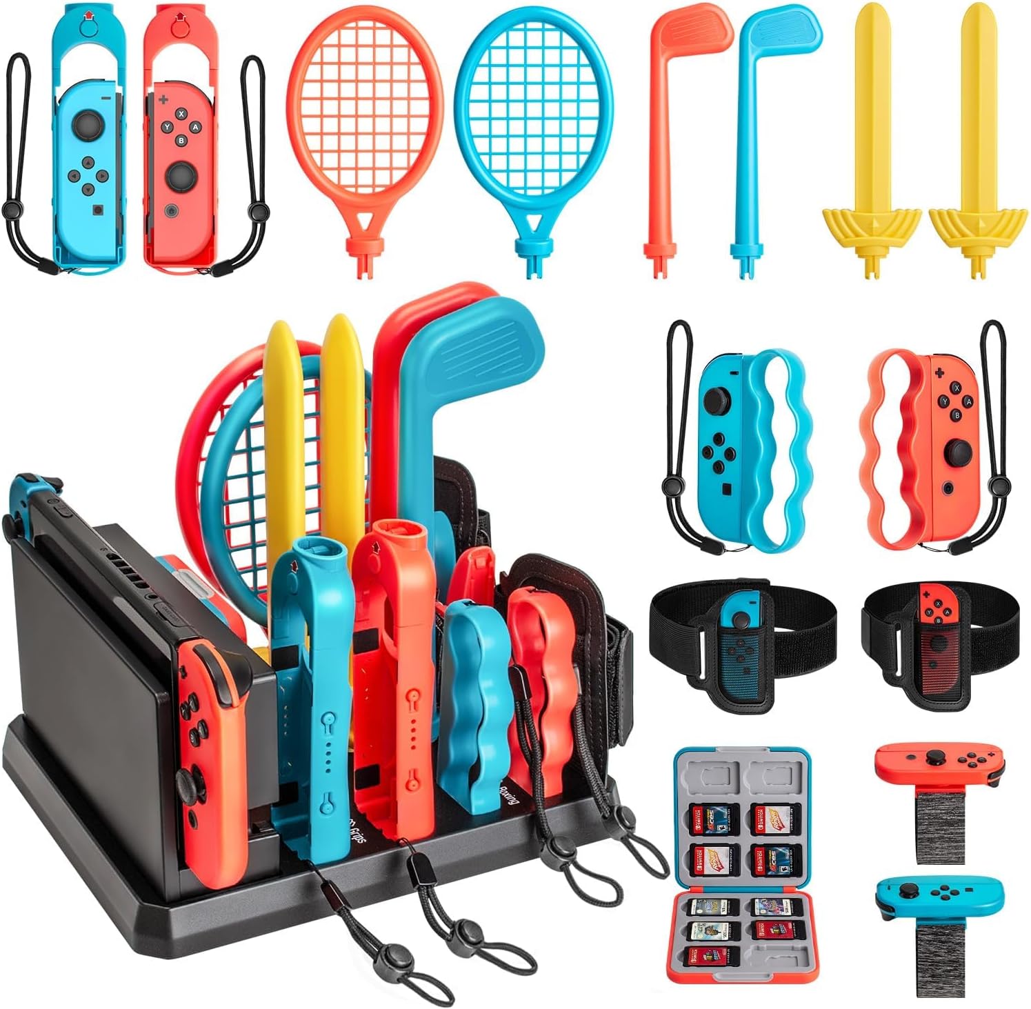 PFUTURE 16 in 1 Switch Sports Accessories Bundle for Nintendo Switch Games with Organizer Station, Includes Golf Clubs, Tennis Racket, Sword, Boxing Grips, Wrist Bands, Leg Strap & Game Card Case
