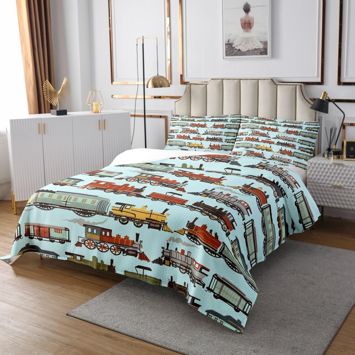 Manfei Cartoon Train Kids Bedspread Queen Size,Retro Steam Engine Train Coverlet Set,Boys Girls Room Decor,Railroad Track Transport Quilted Coverlet,Teal Boho Bedding Quilt,2 Pillowcases