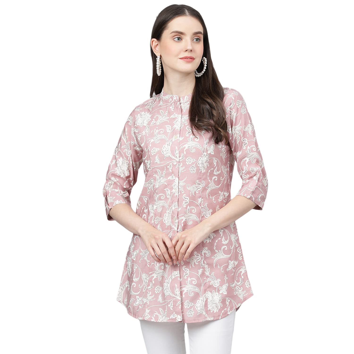 Dusty Pink Floral Printed Modal A-line Shirts Style Top-image-2