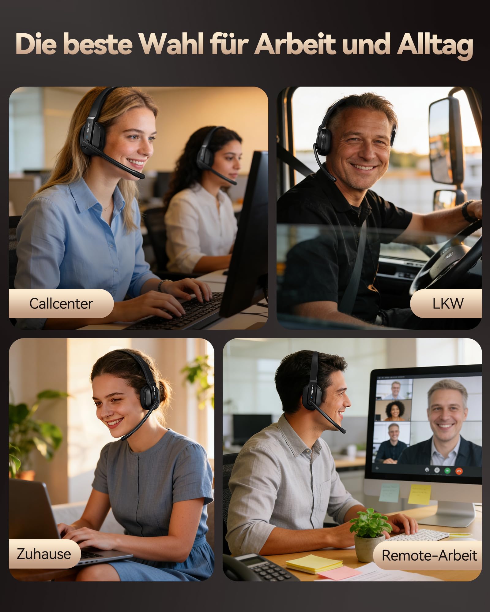 TECKNET V5.2 Bluetooth Headset mit Mikrofon, Wireless Headset mit Ladestation, MIC ENC Noise Cancelling kopfhörer, USB-Dongle, On-Ear Headset kabellos für Trucker/Callcenter/Büro – 60+ Std. Akku