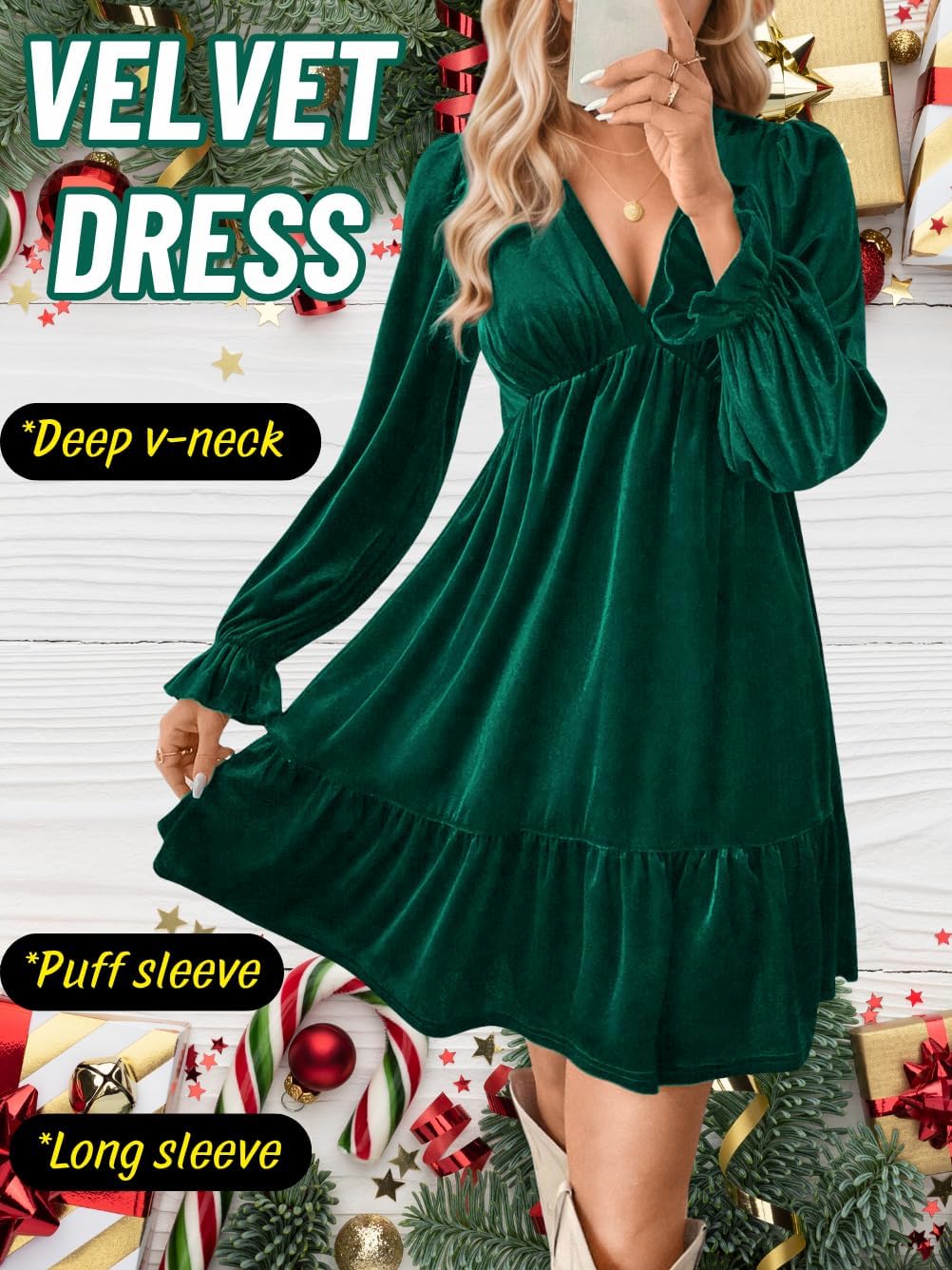 Women Velvet Mini Dress Wedding Guest,V Neck Long Sleeve Cocktail Dresses,Thanksgiving Christmas Holiday Party Outfit - Image 4