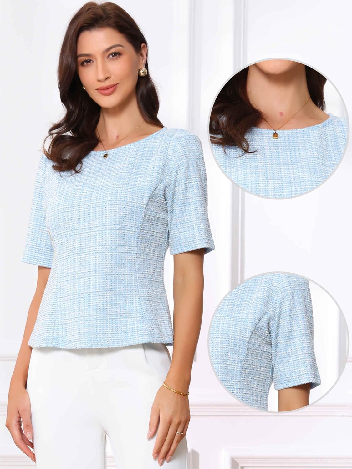 Allegra K Tweed Top for Women's Round Neck Short Sleeve Pullover Work Office Blouse Large Blue - Image 2