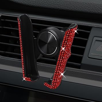 Bling Car Phone Holder, 360 Adjustable Mini Dashboard Air Vent Phone Mount, Universal Crystal Vehicle Vent Cell Phone Holder for Women Girls, Interior Car Accessories Decor Red