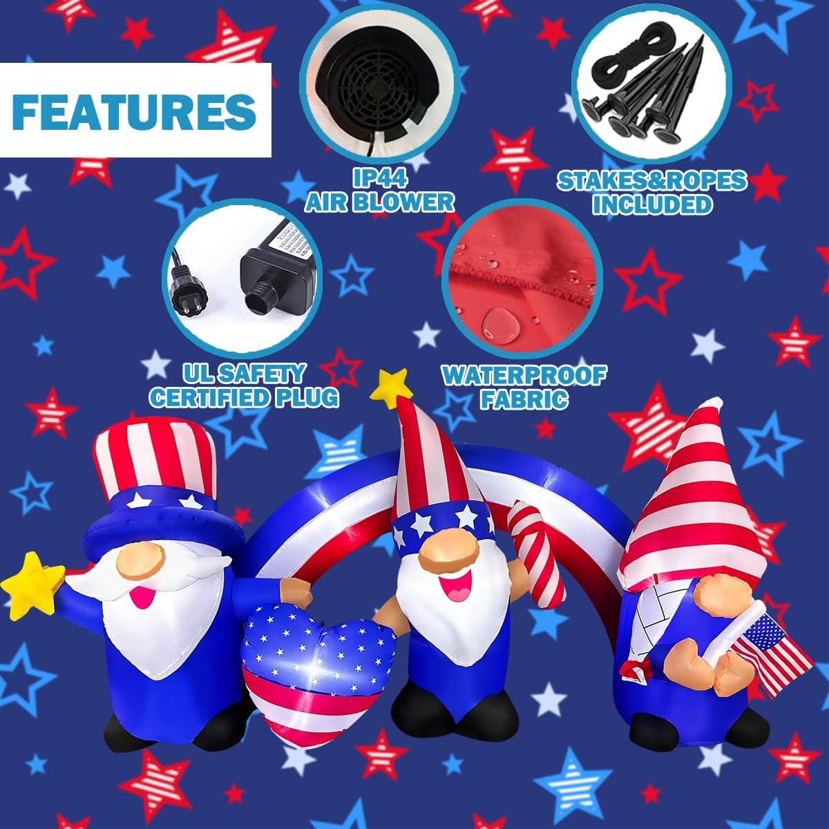 BLOWOUT FUN 7 FT Independence Day Inflatable 3 Gnomes with Archway Decorations Patriotic 4th of July for Home Yard Lawn Garden Indoor Outdoor Memorial Day Decor