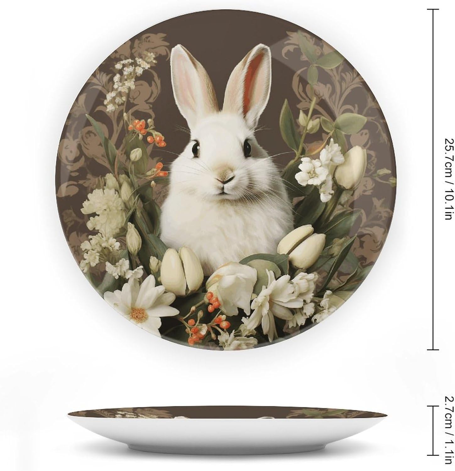 A Beautiful White Rabbit Ceramic Plate 10inch Decorative Bone China Wall Hanging Ornament Plates Bohemian Style Dinner Plate with Display Stand Cabinet Display Plates for Home Art Decor