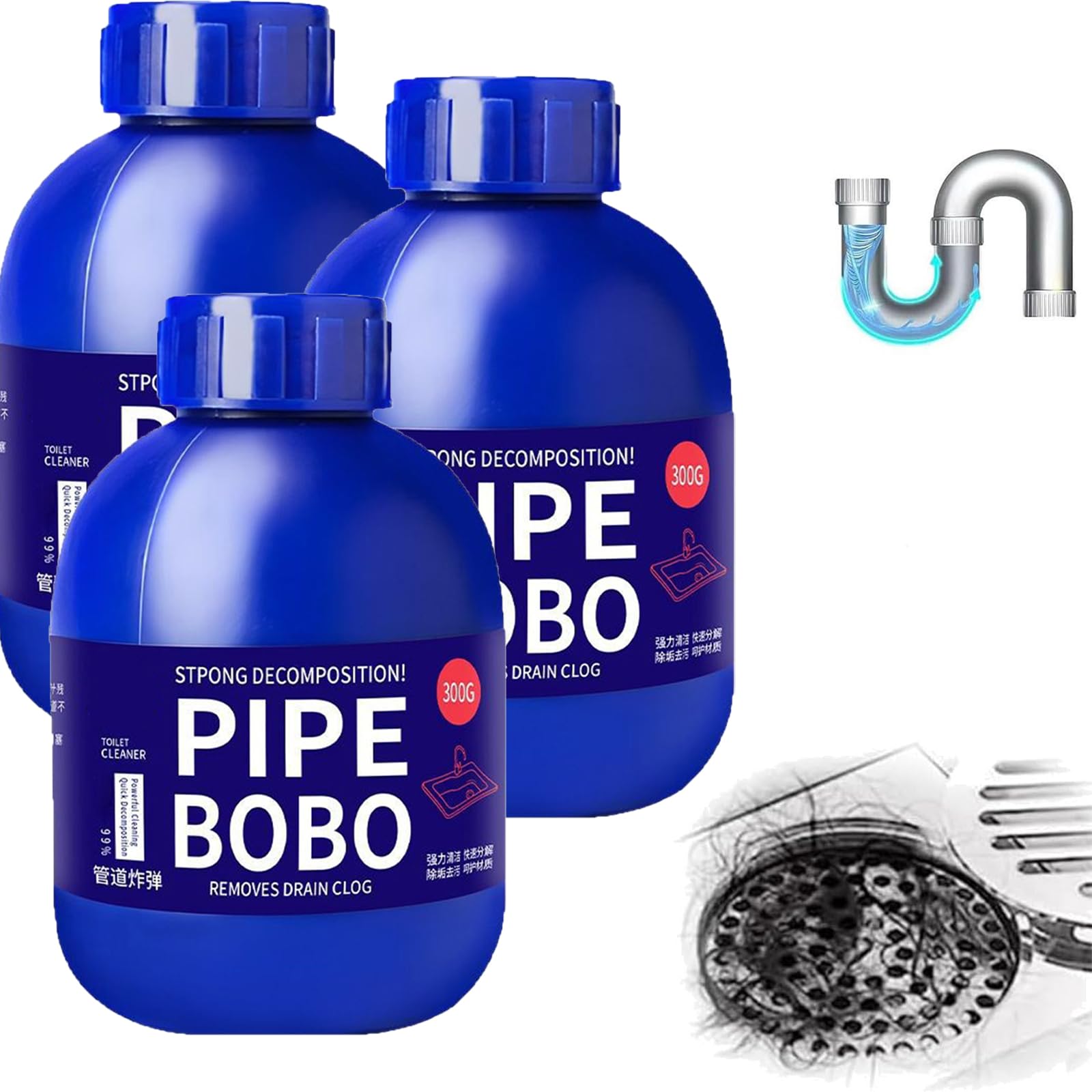 300g Pipe Bobo Cleaner, Pipe Bobo Drain Unblocker, Rohrreiniger Extrem Stark, Starker Abflussreiniger, Leistungsstarker Waschbecken- Und Abflussreiniger, for Den Außenbereich, Küche (3PC)