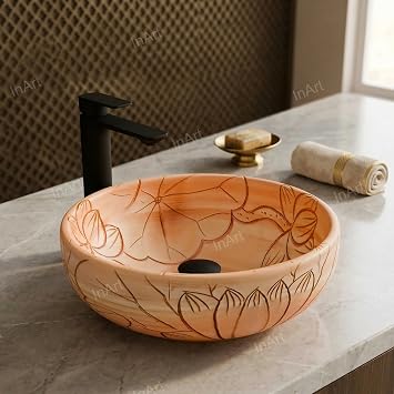 InArt Peach Beige Round Matte Ceramic Vessel Sink Bowl, Countertop/Tabletop Bathroom Vanity Installation, Smooth Easy-Clean Glazed Surface, 15.7 x 15.7 x 5.5 in