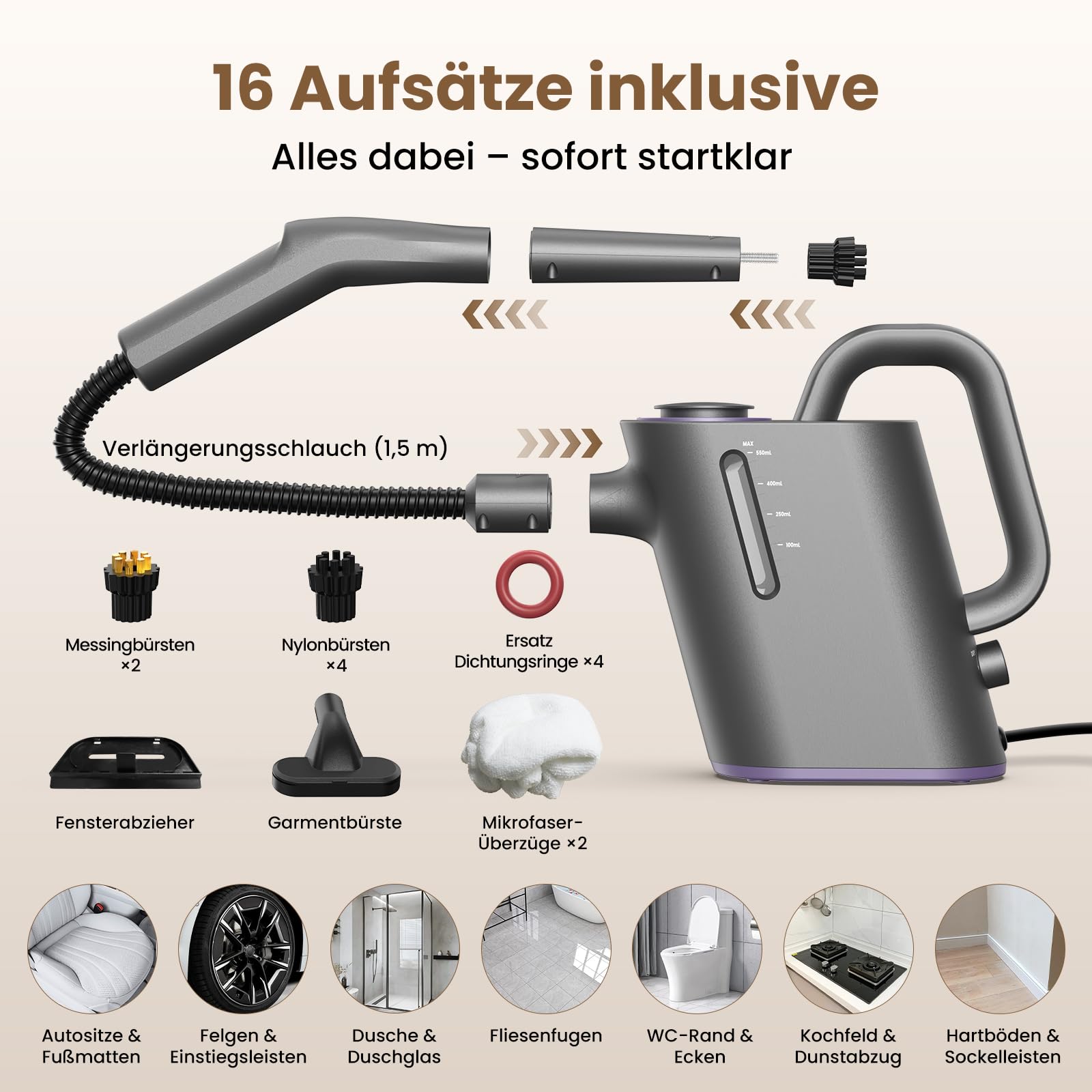 Dampfreiniger Handgerät 550ML Tank,15s Schnellaufheizung Tragbarer Dampfreiniger mit 16 Zubehör,1500W Chemiefrei Handdampfreiniger für Küche, Bad, Fugen, Fenster, Auto & Polster