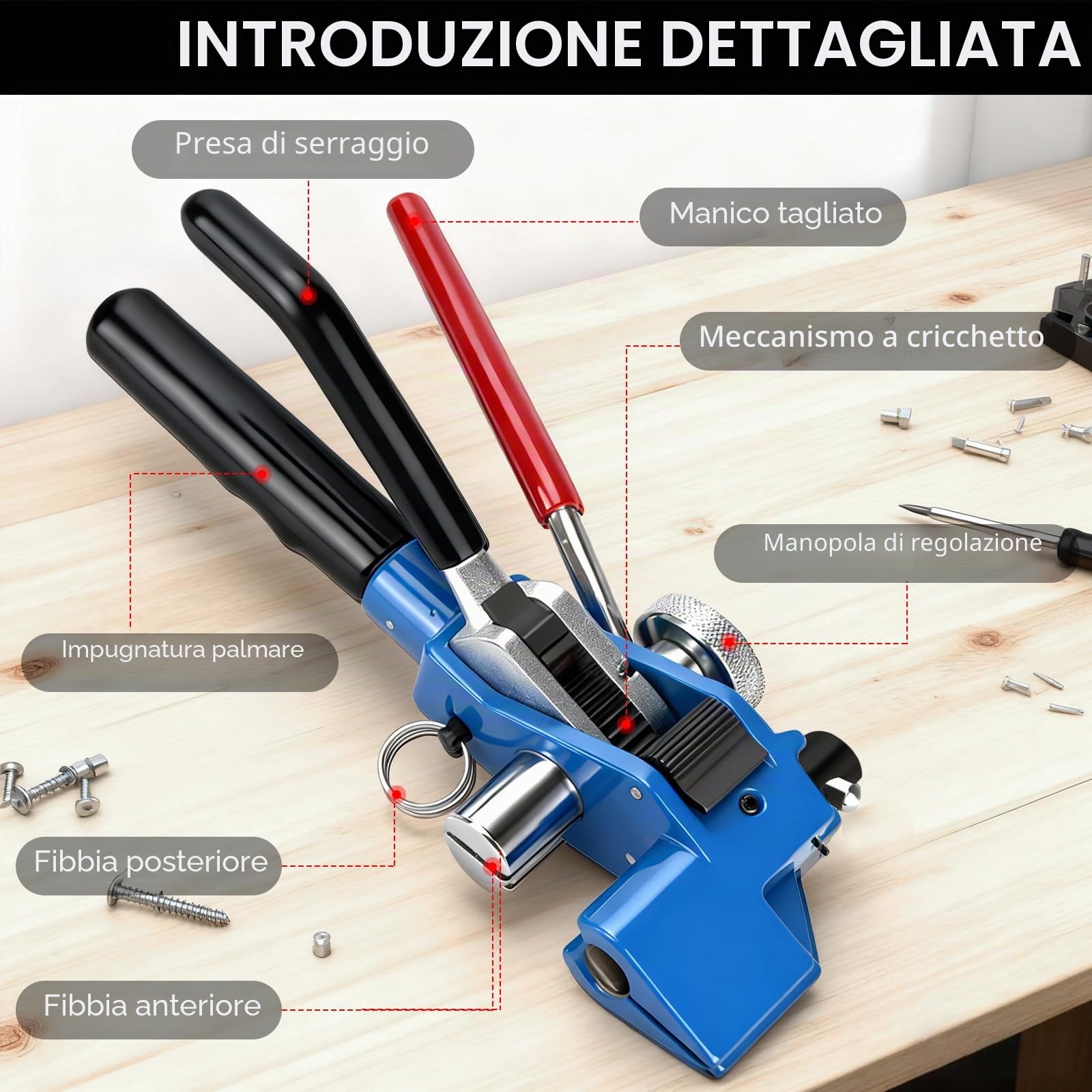 Pistola per Fascette in Metallo, Pinza per Fascette in Acciaio Metalliche Tenditore a cricchetto Attrezzo per fascette stringicavo portatile Strumento di Tensionamento e Taglio Regolabile
