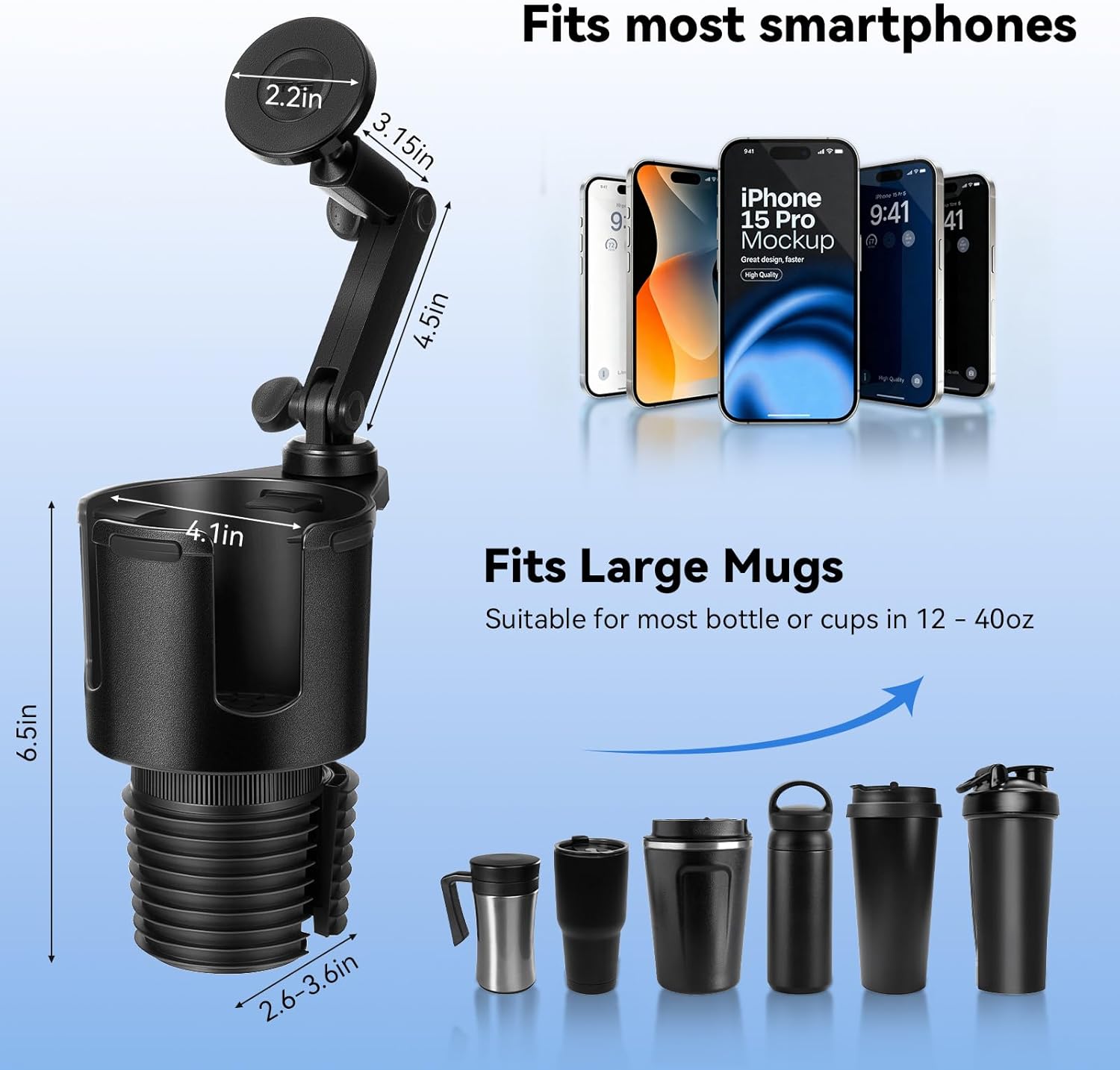 Magnetic Car Cup Holder Phone Holder, 2-in-1 Cup Holder Extender for Car, Universal Magsafe Cupholder Car Mount, Long Arm and 360 ° Rotation, Secure Fit for Car or SUV