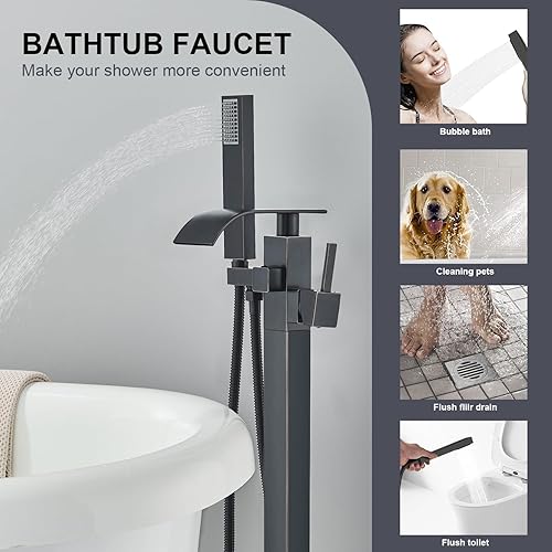 Miniatura 28 de Senlesen Grifo de bañera independiente cromado para baño, grifo de ducha de bañera montado en el piso con rociador de mano Cromo,Negro -,Oro