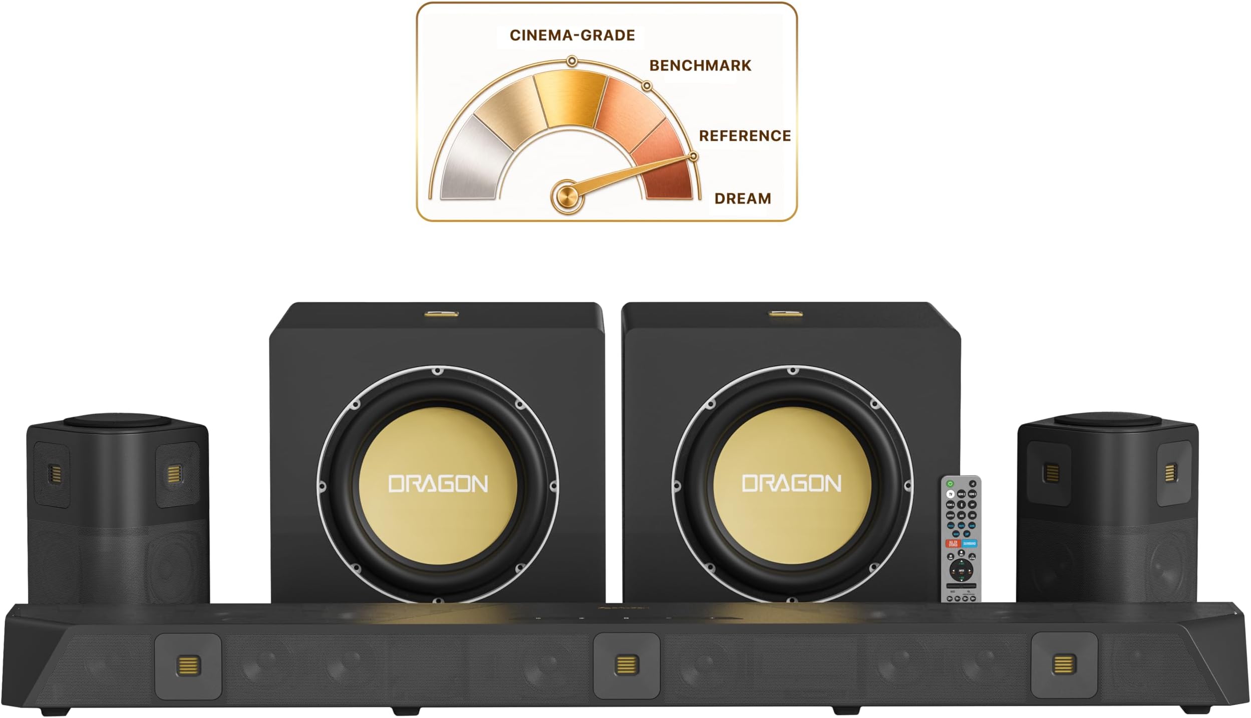 Dragon 11.2.6 Dolby Atmos/DTSX Pro Surround Soundbar Sys-Dual 12" Ref Subs | Reference 360° Cinema+Spatial Processing, 2x12"Subs w Passive Radiators, 58" Main, HiFi AMTs, Bipolar Surr, 6 Height Ch*3850W