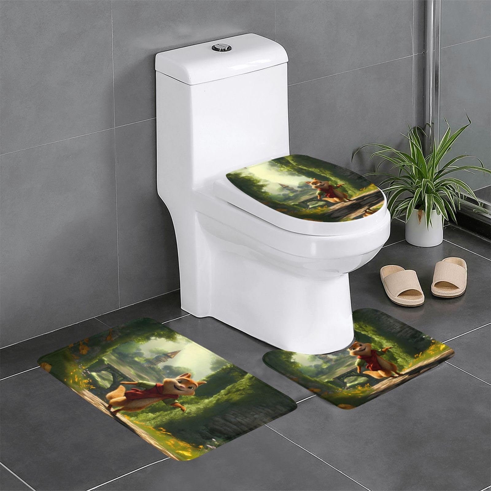 Tapis de salle de bain antidérapants rectangulaire en U et O motif écureuil rouge pour wc coiffeuse