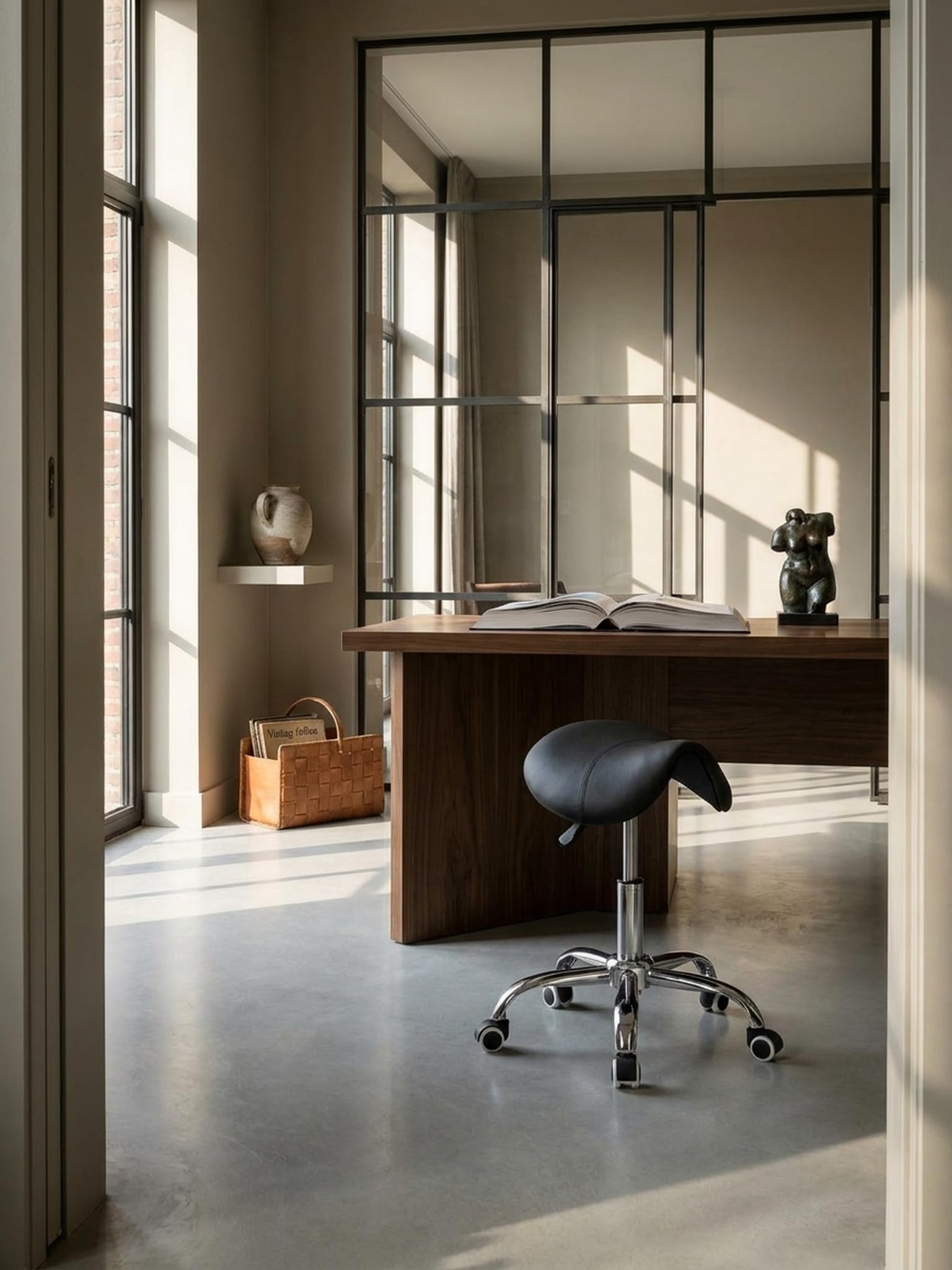 Menton - Sattel-Hocker in Schwarz | Arbeitshocker mit Kunstleder-Bezug | Sitzhocker ist höhenverstellbar | Design Drehhocker mit Rollen | Kosmetikhocker & Praxishocker