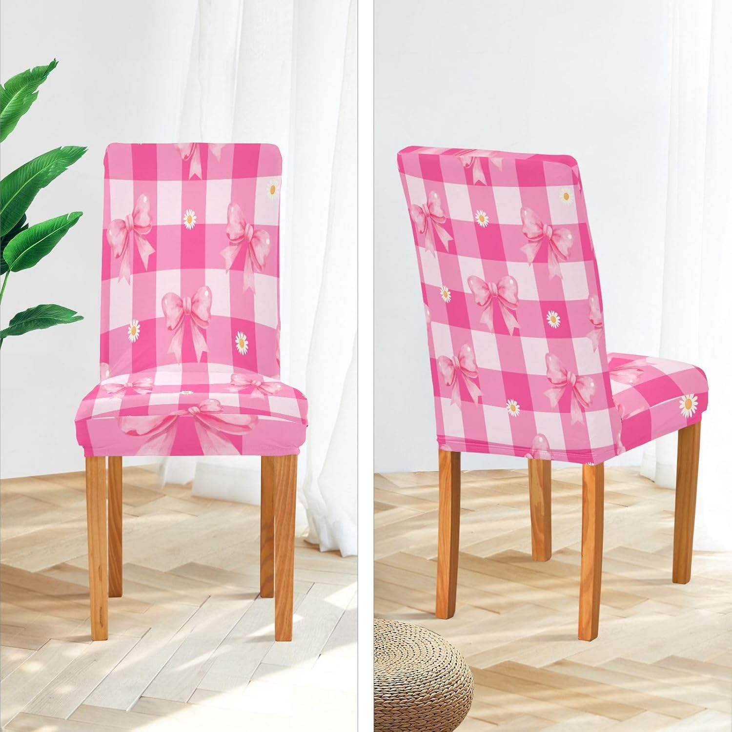 ALAZA Chair Covers for Dining Room, Pink Bow Daisy Plaid Stretch Chair Cover Sets Chair Protector Removable Washable for Ktichen Restaurant Hotel