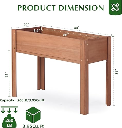 Miniatura 38 de Cama de jardín elevada con patas, 31 x 16 x 31 pulgadas, jardinera elevada de madera para exteriores, patas gruesas, con forro Marrón